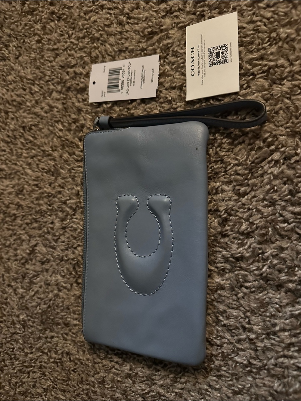 Coach Light Blue Leather Wristlet with Signature Stitching